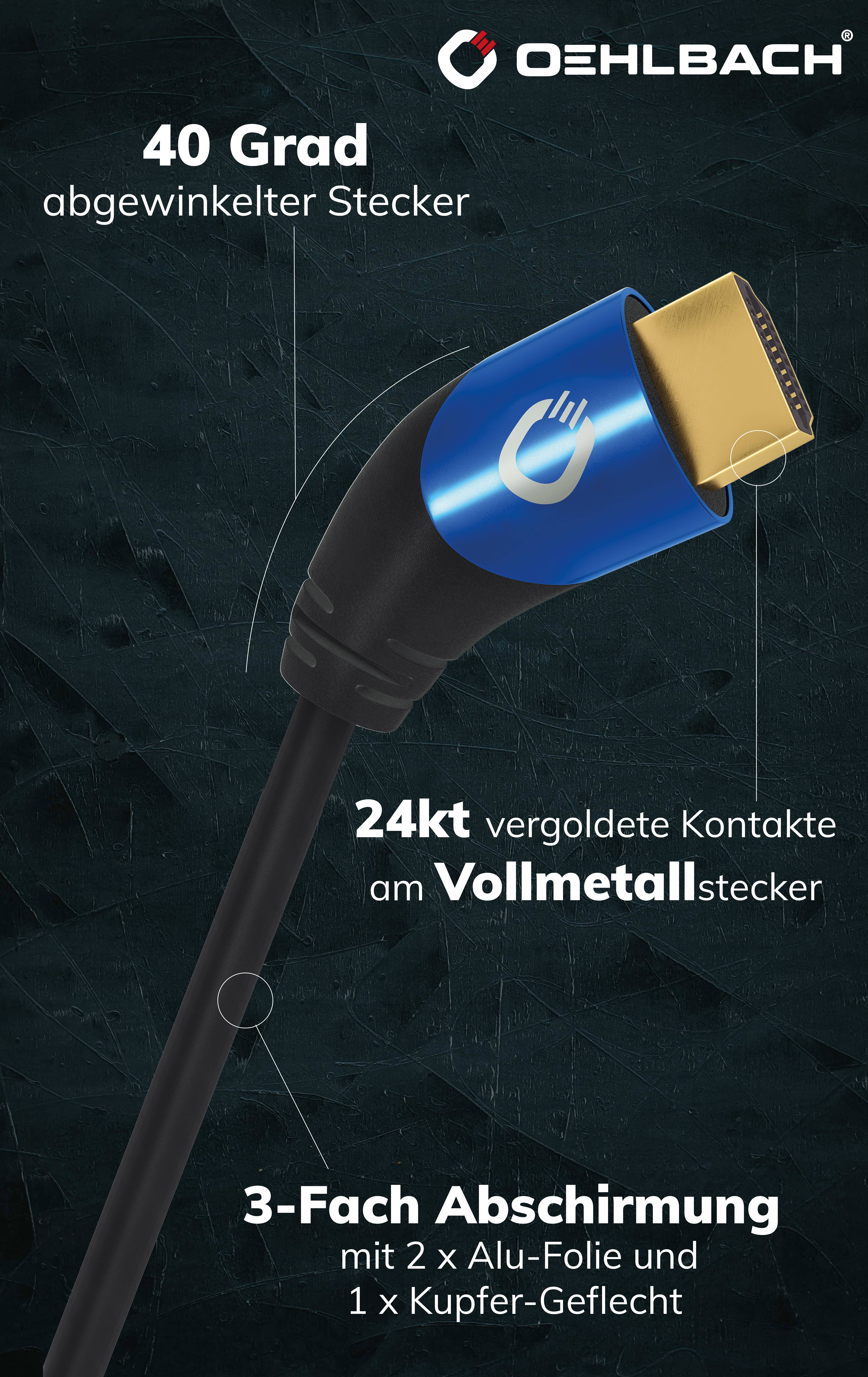 'HDMI cable with 40-degree angled plug, 24-carat gold-plated contacts, full metal connector, triple shielding, Oehlbach.'