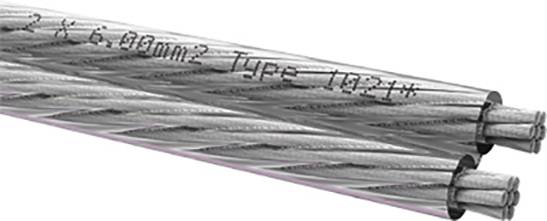 Close-up of aluminium cables with inscription '2 x 6.00mm² Type 10244'. The cables are robust and suitable for electrical installations.