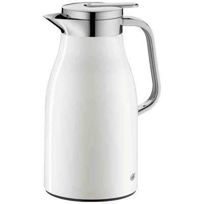 White thermos flask with silver lid and handle.