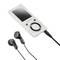 Portable digital music player with built-in display and control buttons, alongside black wired earphones.