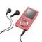 Red portable media player with screen and control buttons, alongside black earphones.