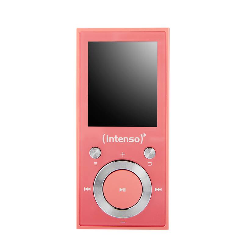 Red portable media player with display and control buttons: Play, Pause, Forward, Rewind. Brand name 'Intenso' visible.