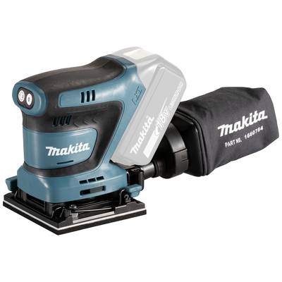 Battery-powered hand sander with a blue-black casing and dust bag on the left. 'Makita' brand name visible on the device and bag.