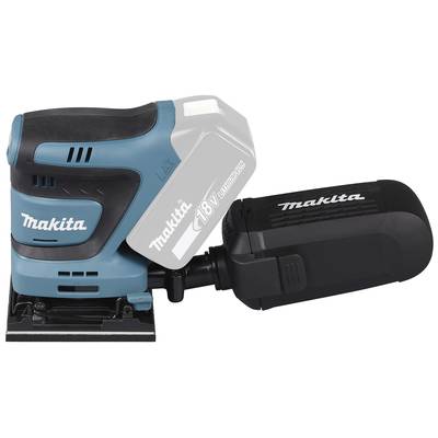 Battery-powered blue and black Makita orbital sander with rectangular sanding surface and dust collection container.