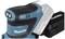 A navy-blue Makita cordless angle grinder with an 18V battery. The device is showing performance level 2.