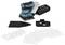 A blue and black Makita electric sander, with interchangeable sandpaper and accessories, on a white background.