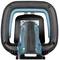 Close-up of an electric garden tool. Front view of a blue handle with a black frame and control buttons.