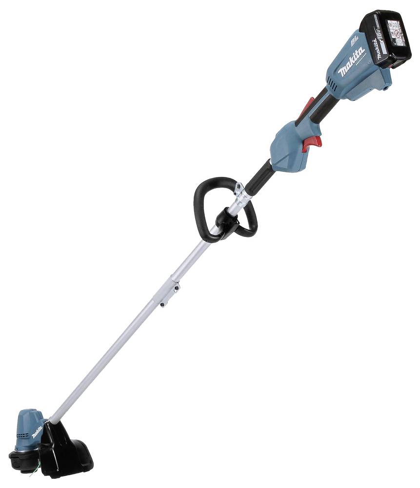 A blue and black Makita cordless string trimmer with a padded handle and battery pack, designed for grass trimming and edging tasks.
