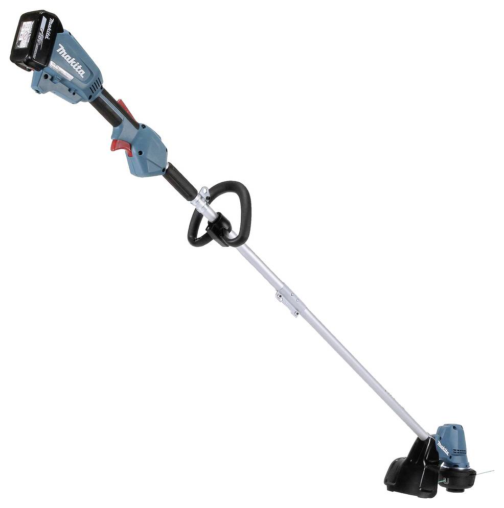 A cordless string trimmer with a blue and black design, featuring an adjustable handle for easy landscaping and lawn maintenance.