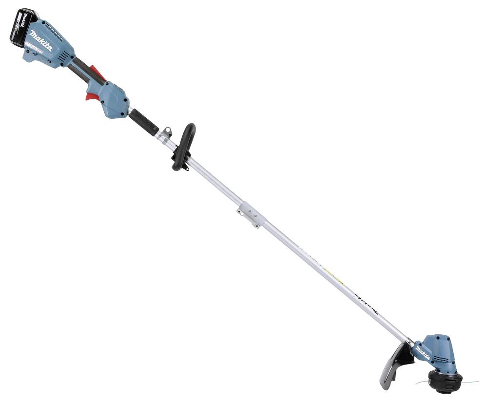 A blue and black electric string trimmer with a silver shaft and adjustable handle, featuring a battery pack at the top.