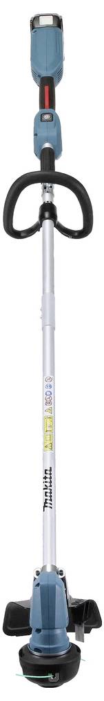 A battery-powered string trimmer with a blue and black design, featuring an ergonomic handle and adjustable shaft for lawn maintenance.