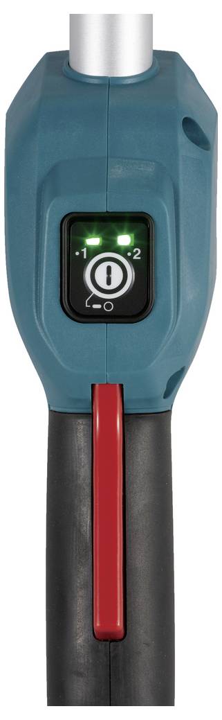 'Close-up of a teal power tool handle with a red trigger. Two green lights and a power button labeled -1 and 2 are visible on the handle.'