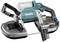 Portable bandsaw with a battery and ergonomic handle. Brand name visible on the casing, suitable for metal and woodworking.