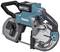 Battery-powered band saw in blue and grey by Makita, XGT model, with ergonomic handle and metal blade for precise cutting.