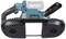 'Cordless band saw with blue-black casing, handle, and removable battery, suitable for cutting metal.'