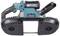 Electric bandsaw in blue and black with an ergonomic handle and visible saw blade underneath, suitable for metalworking.