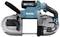 Battery-powered bandsaw with a silver-blue casing and black handle. Marked with 'Makita' and '40V Max'. Ideal for mobile cutting work.