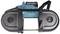 A portable bandsaw in black and blue with an ergonomic handle, suitable for cutting metal and wood in various thicknesses.