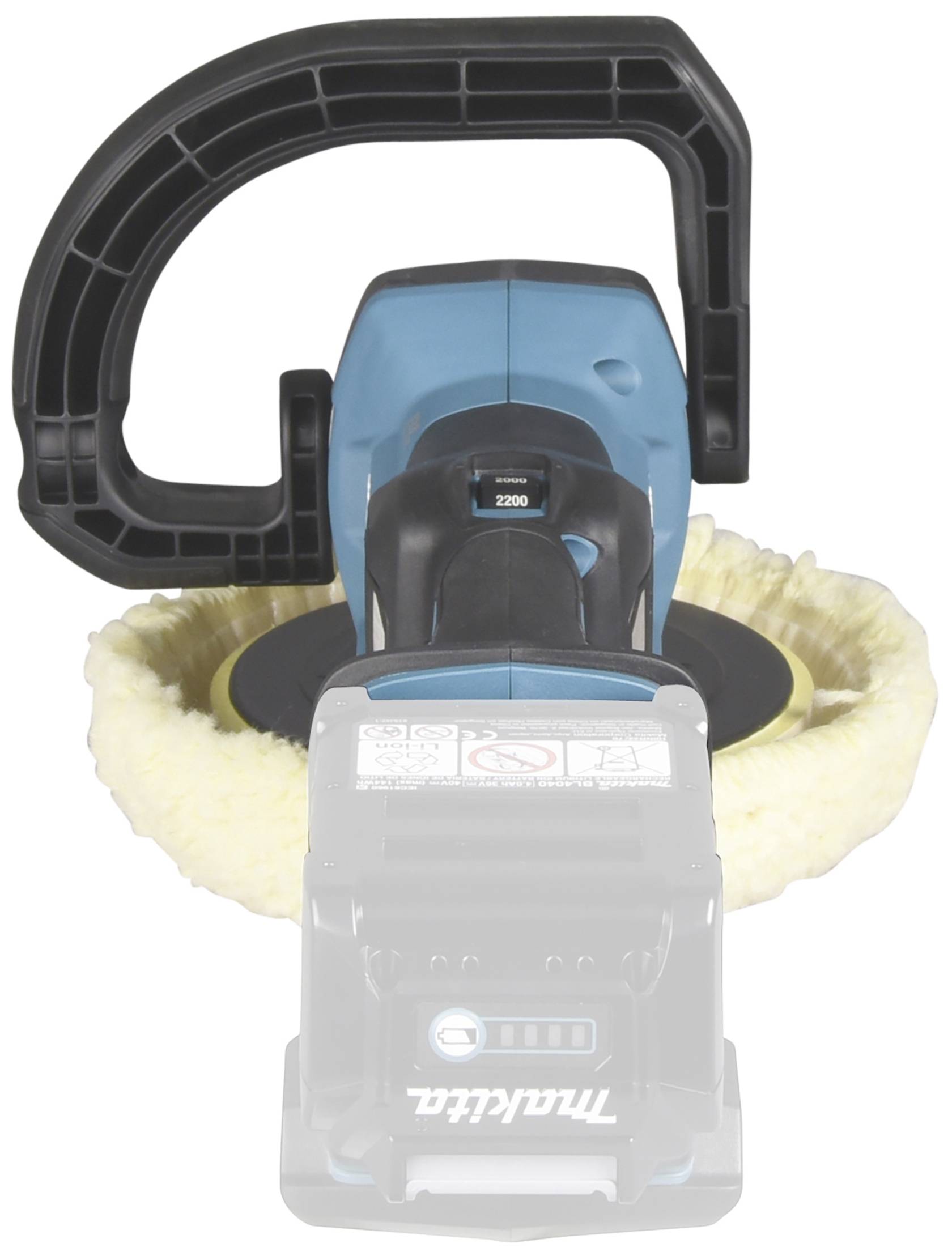 Polishing machine in a blue-black housing with a beige polishing pad. Suitable for polishing surfaces.