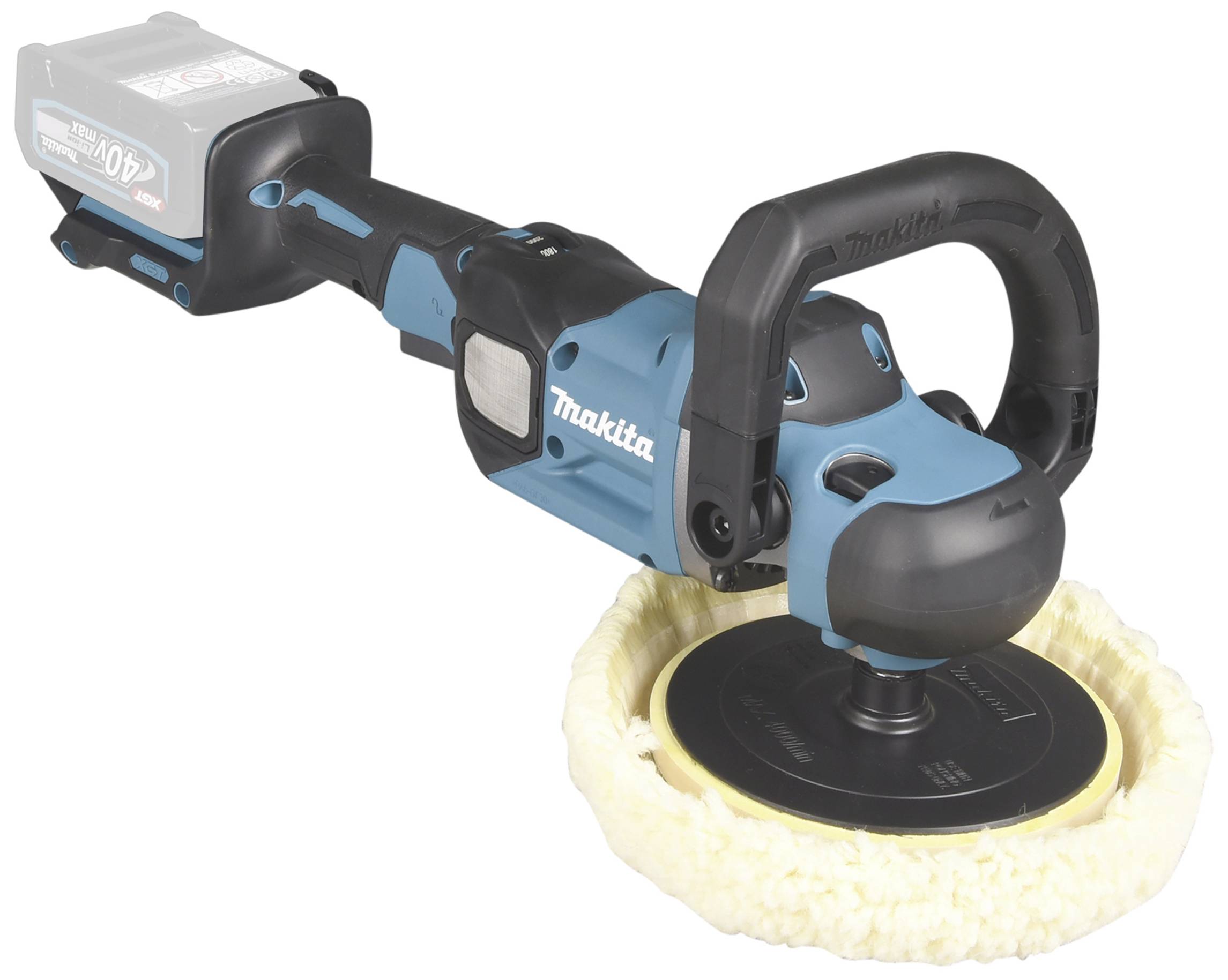 Cordless polishing machine with blue-black housing and handle, suitable for surface finishing.