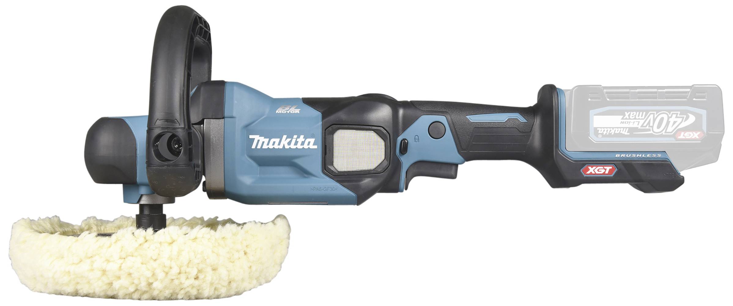 A cordless blue polisher with battery operation and a soft polishing pad, suitable for surface treatment.