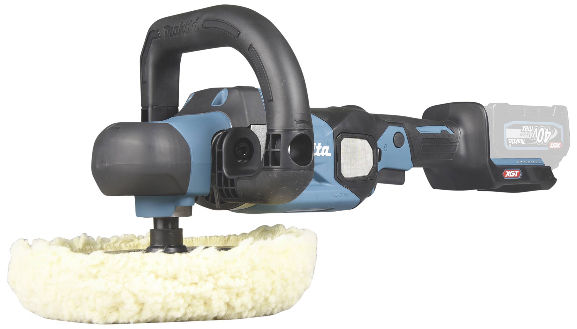 Cordless polishing machine with a blue casing, black handle, and fluffy polishing pad.