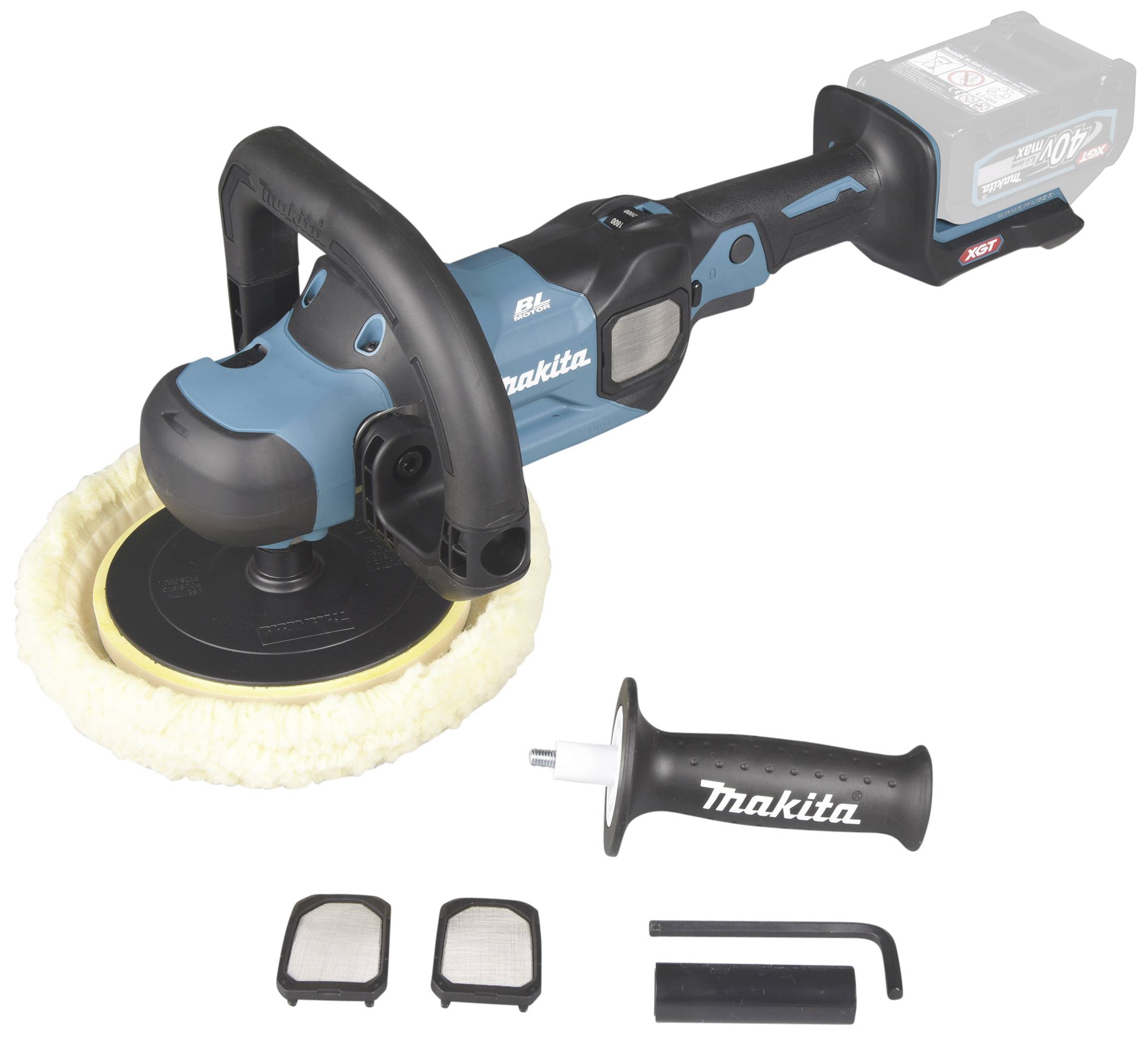 Cordless handheld polishing device with blue casing, large polishing pad, additional handle and accessories, shown against a white background.