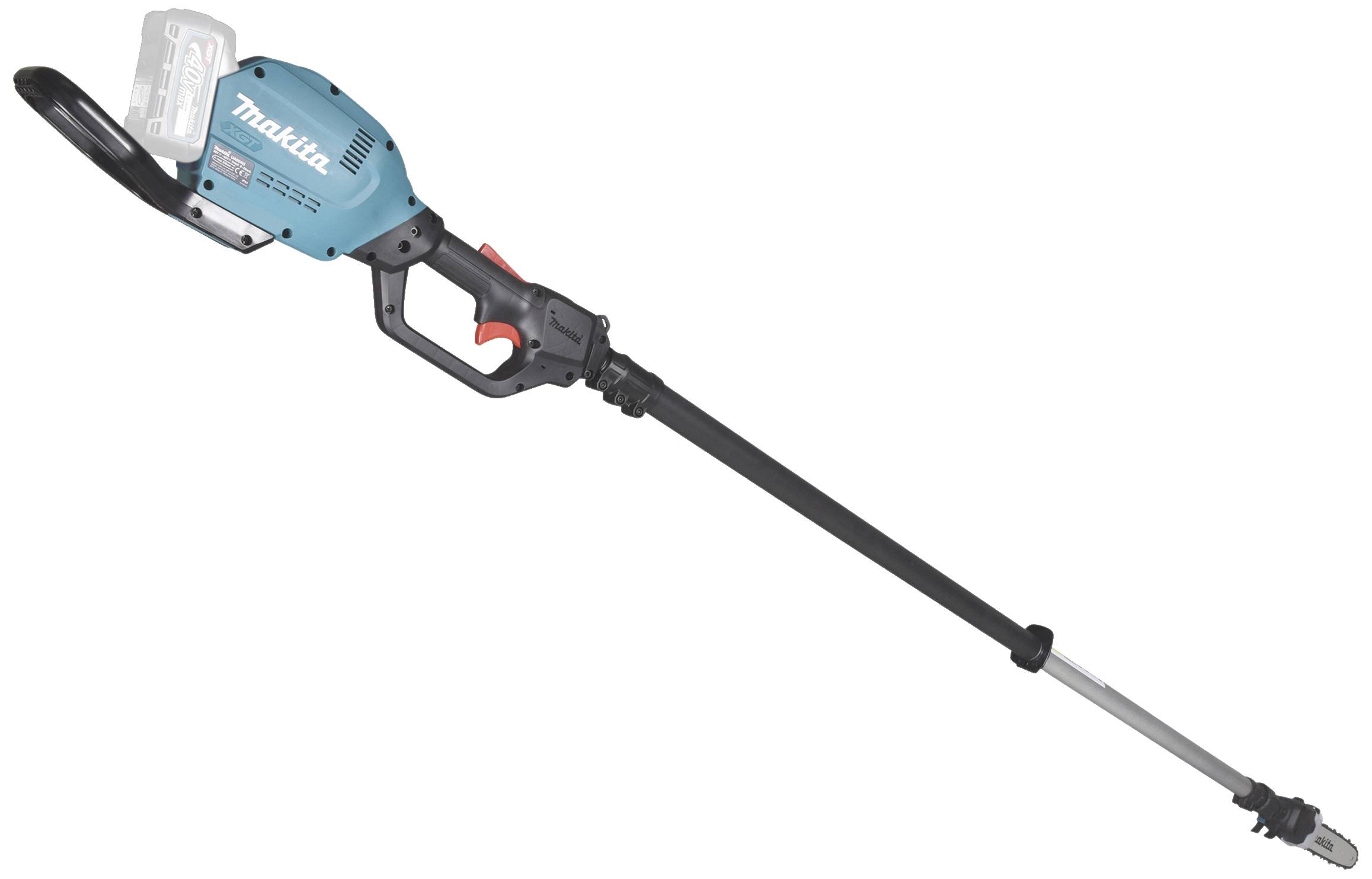 Long blue and black hedge trimmer with telescopic handle, suitable for pruning tall hedges and shrubs.