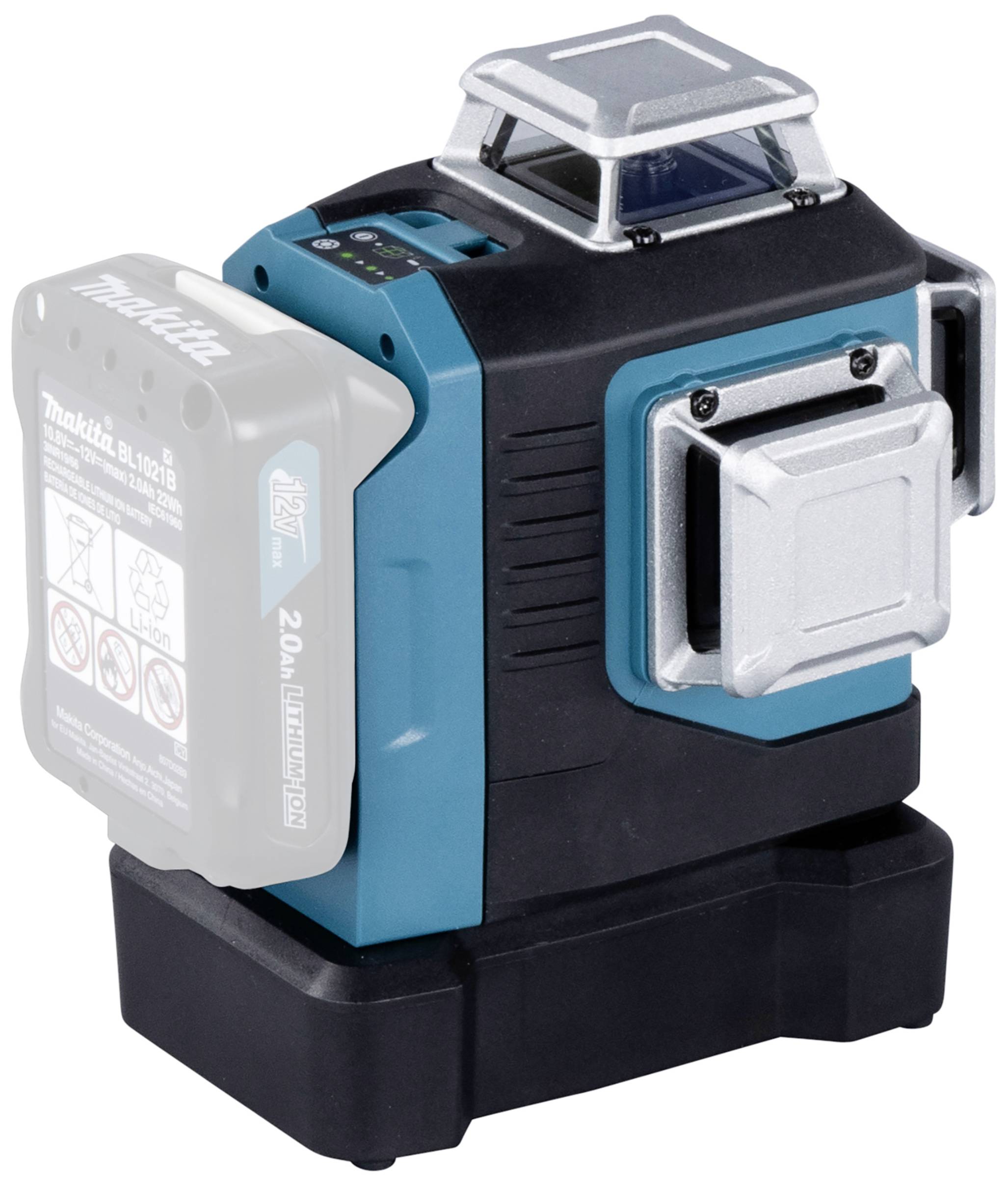 The image shows a portable blue-black laser level device with a built-in battery. It is used for precise alignment.