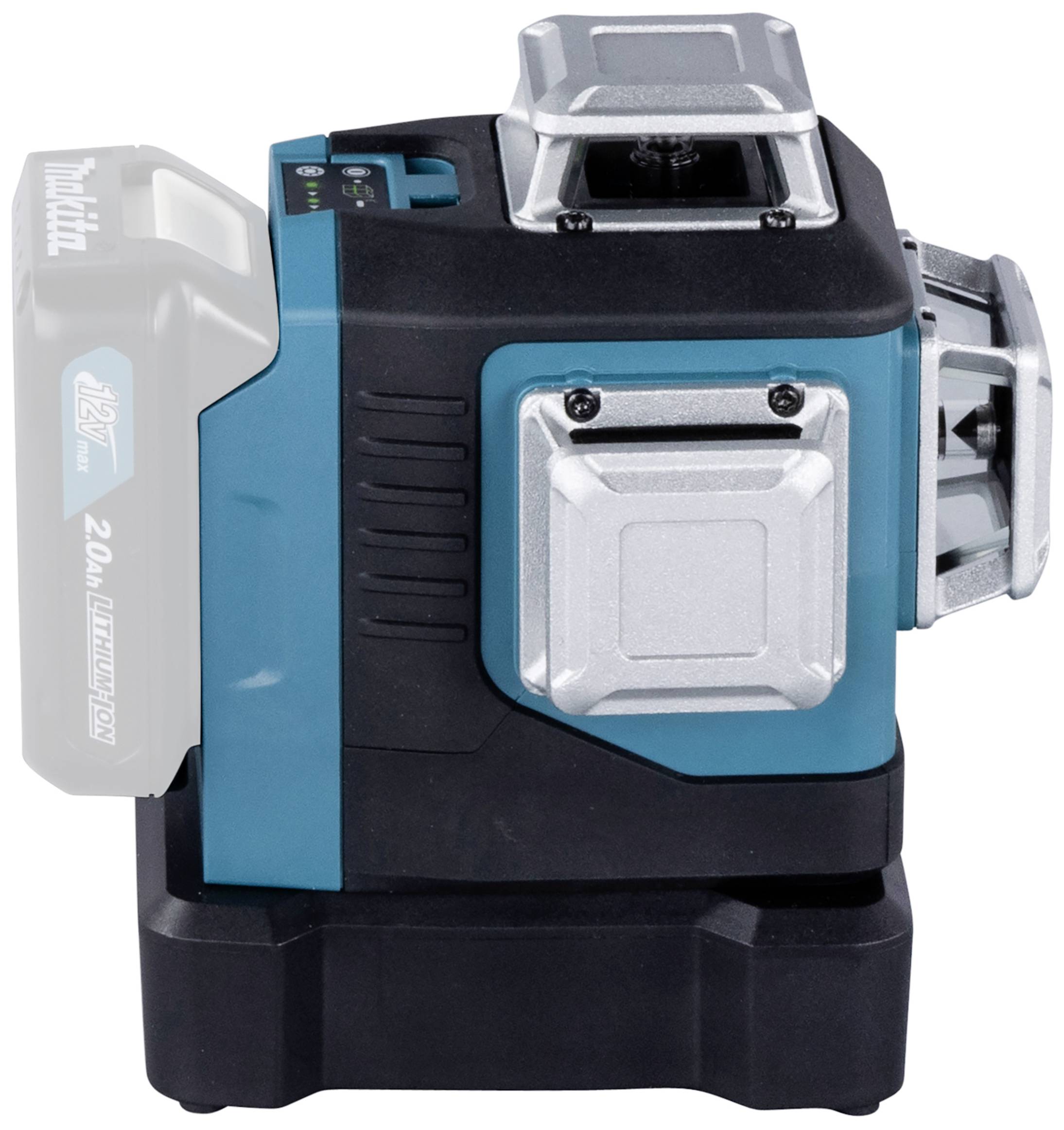 A navy blue and black cross-line laser with battery on a white surface. The device displays lines for precise levelling work.