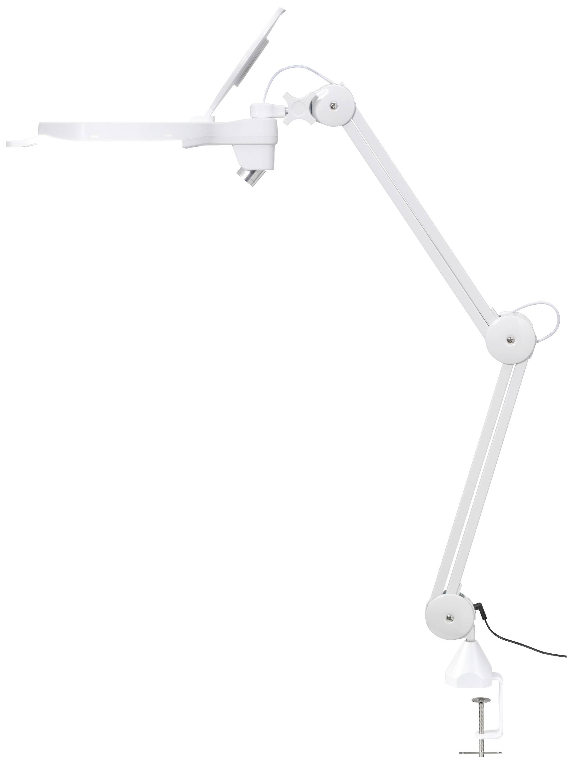A white, adjustable swing arm with a clamp, suitable for attaching to a desk or table for lighting or holding purposes.