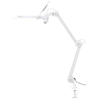 A white, adjustable swing arm with a clamp, suitable for attaching to a desk or table for lighting or holding purposes.