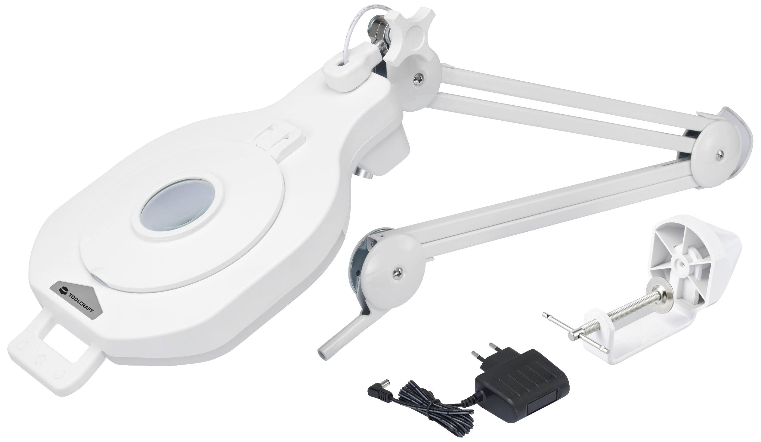 A white desk lamp with a magnifying glass and articulated arm, pictured together with a power supply and a mounting bracket on a white background.
