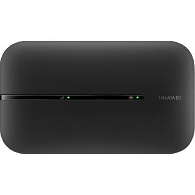 Portable black Huawei Wi-Fi router with two green indicator lights on the front.