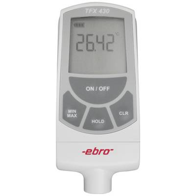 Digital thermometer showing '26.42°C'. Buttons for 'ON/OFF', 'MIN/MAX', 'HOLD' and 'CLR'. Brand: 'ebro'.