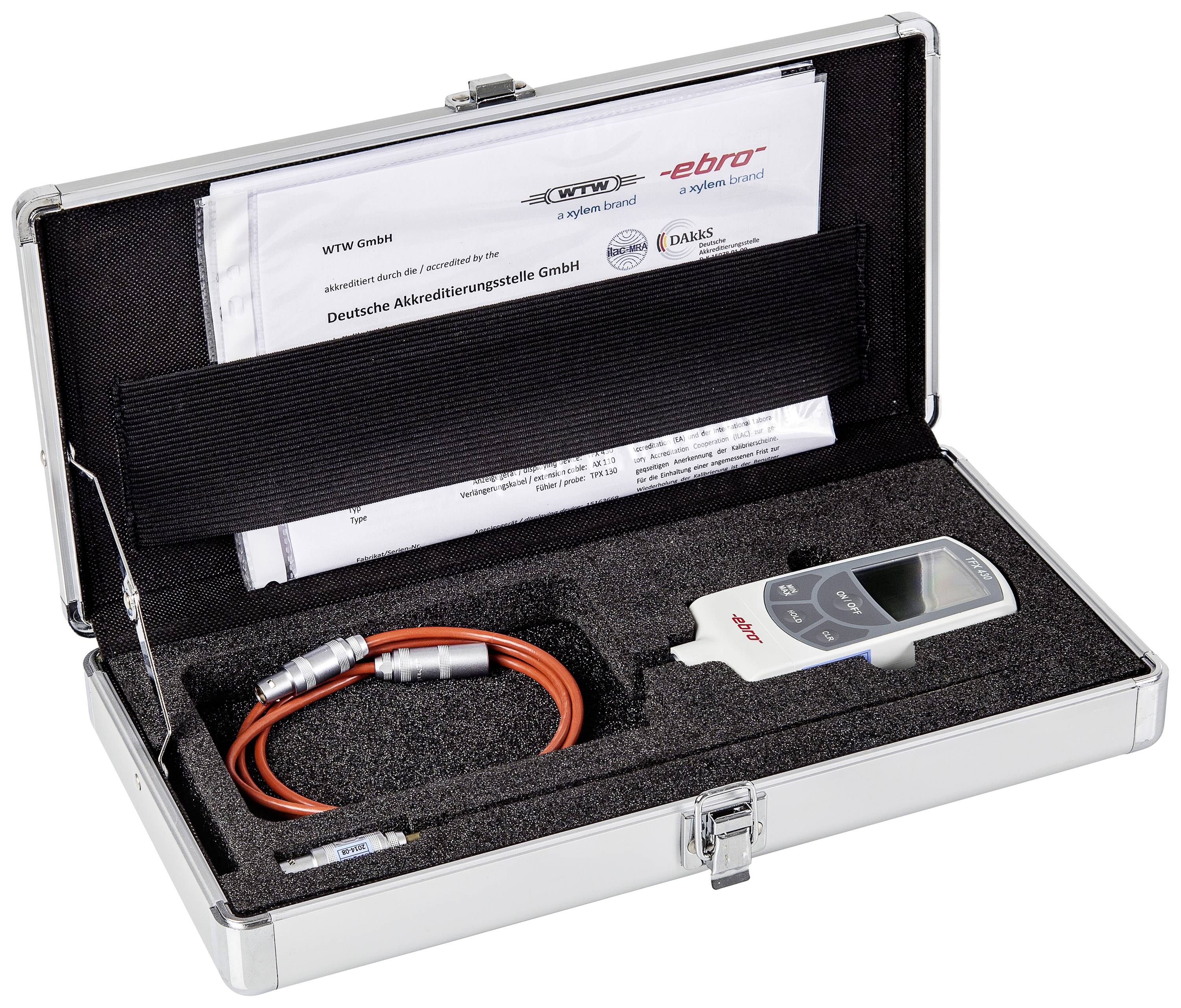 Open aluminium case with foam lining, containing a digital measuring device, a red cable, and documents.