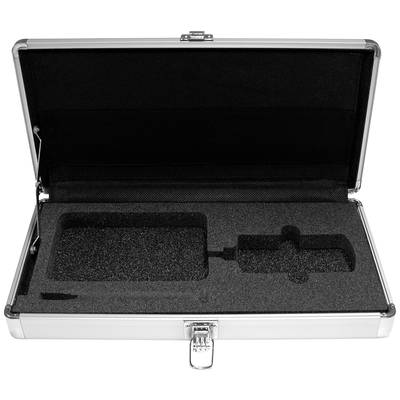Open case with foam lining, providing space for a rectangular device and accessories. No contents visible.