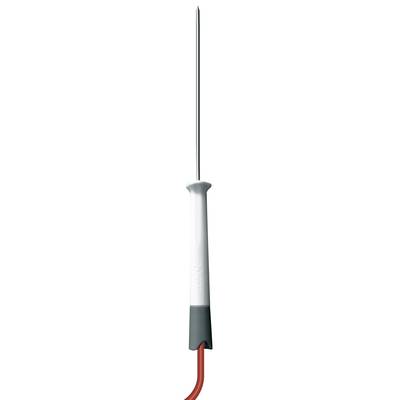 A white temperature probe with a long metal rod and red cable, used for measuring temperatures in liquids or foodstuffs.