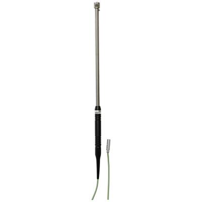 A temperature sensor with a long, thin metal probe and green cable. Suitable for precise temperature measurements in various environments.
