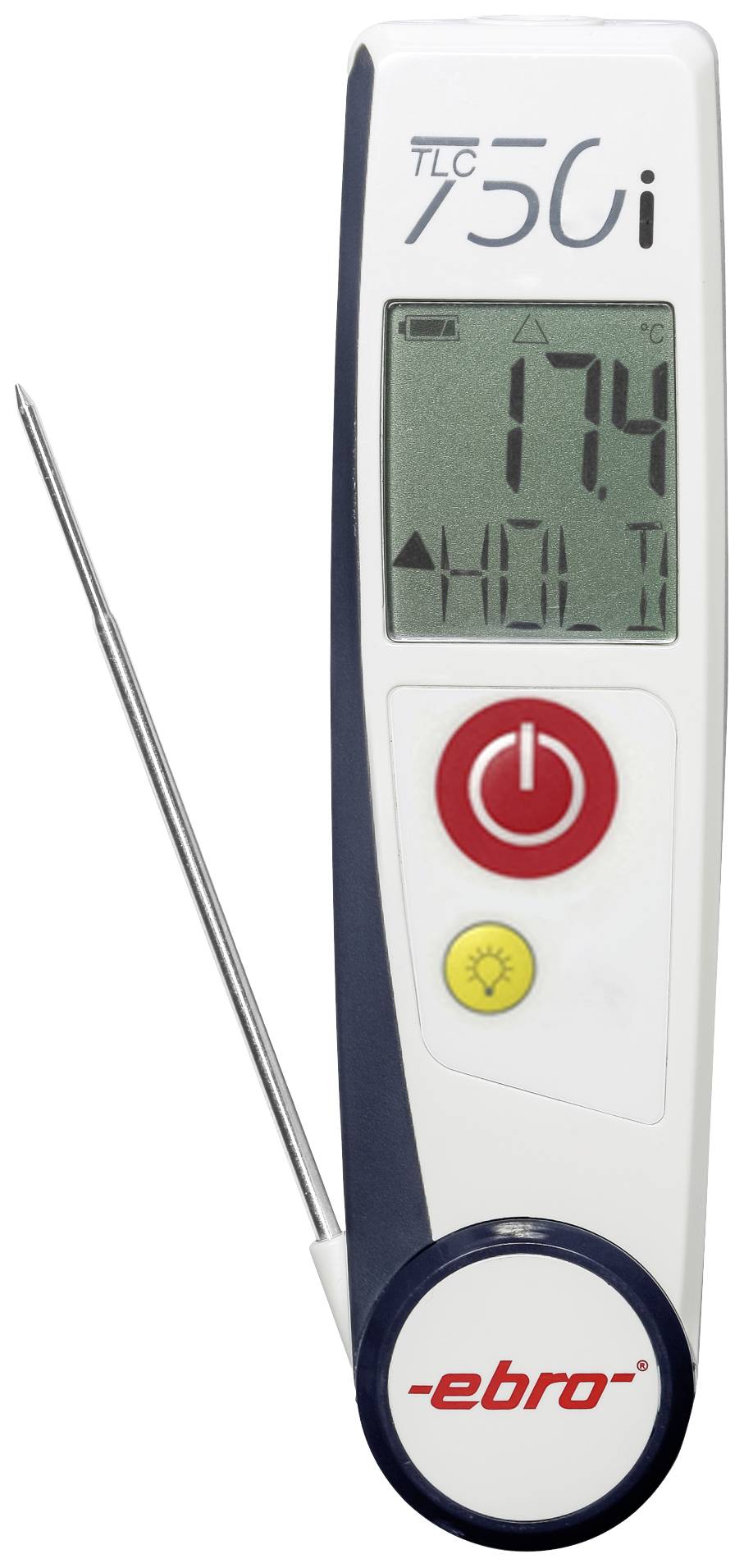 Digital thermometer with metal probe, displaying '17.4 °C'. Control buttons underneath. Ideal for measuring in liquids or food.
