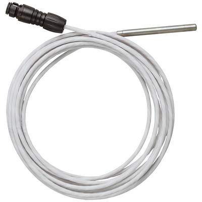A white cable with a temperature sensor and black plug, coiled, shows a technical component.