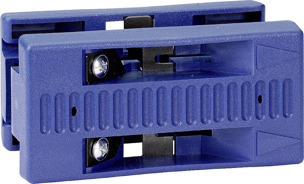 Blue plastic holder with a ribbed surface and two screws. It is used for securing or holding objects.