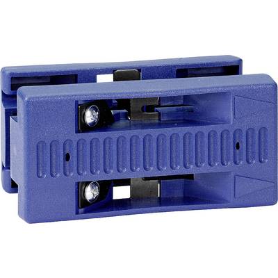 Blue plastic holder with a ribbed surface and two screws. It is used for securing or holding objects.