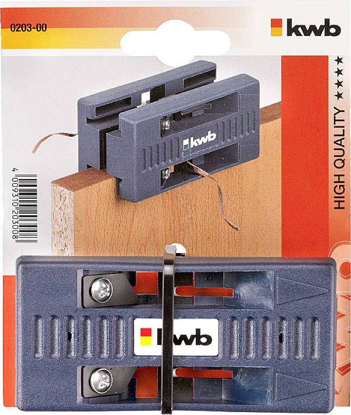 Two blue wall plugs secure the position of a door handle on a wooden door. Marked for precision, with KWB logo and 'High Quality' text.