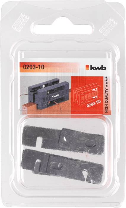 Packaging containing two replacement blades for a box cutter, brand 'kwb', article number '0203-10'. A picture of the box cutter is located top right.