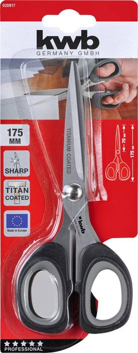 Scissors in packaging, 175 mm in length. Described as 'Titanium-Coated' and 'Sharp'. Manufactured in Europe.