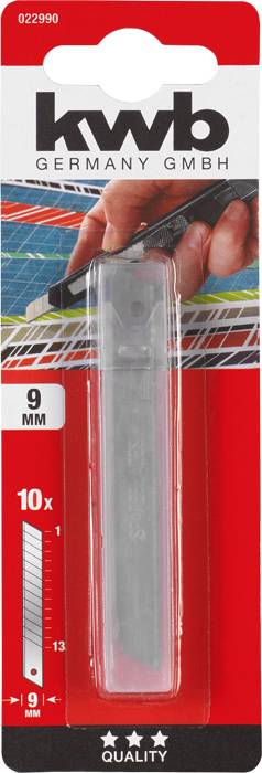 Replacement blades for utility knife, 9 mm wide, pack of 10. Brand logo and product information in Red and White.