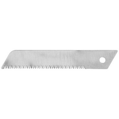 A serrated saw blade with a straight cutting edge and rounded tip, suitable for sawing material.