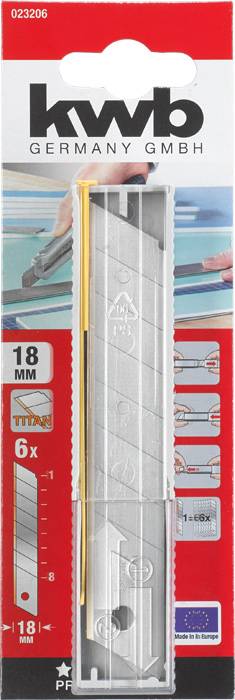 Packaging of KWB replacement blades, 18 mm, suitable for carpet knives. Contains 6 titanium-coated blades, manufactured in Germany.