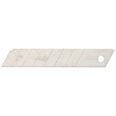 A replacement blade for a carpet knife, cut at an angle with multiple predetermined breaking points.
